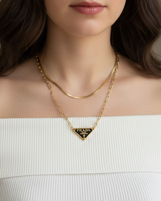 Repurposed Authentic Classic Triangle Logo Tag Layered Necklace (Gold Plated)