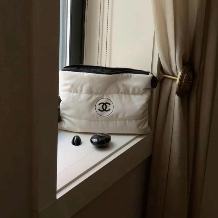 Chanel Beaute Puffy Nylon Cloud Makeup Cosmetic Pouch Clutch Beige