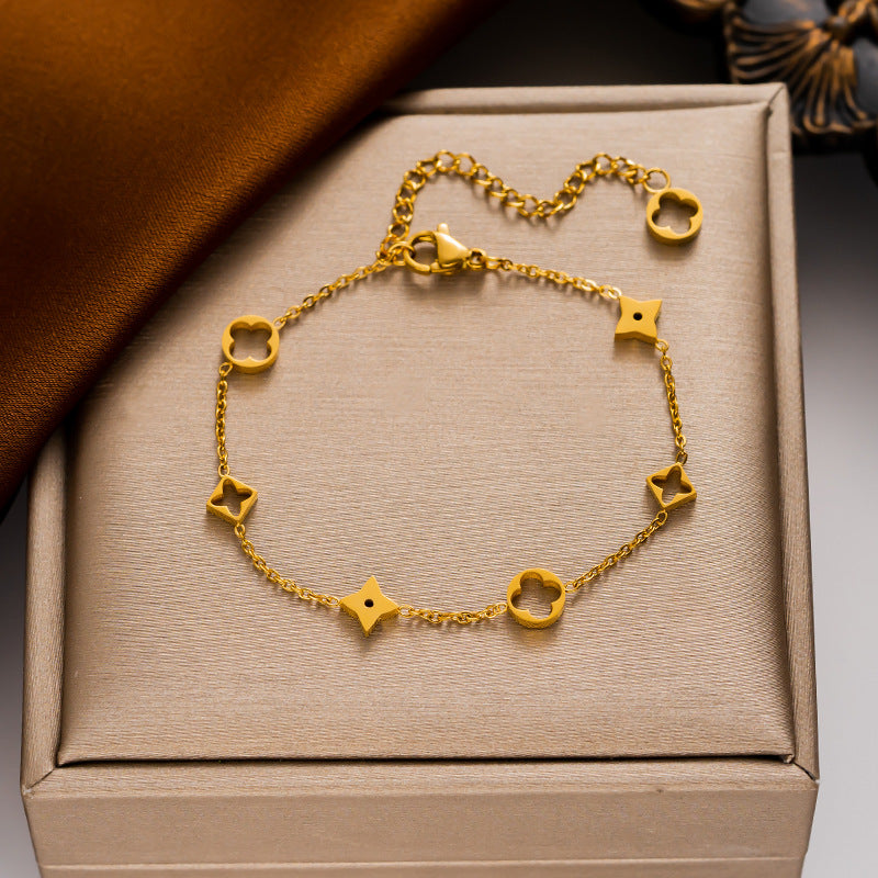 18K Gold and Silver Stainless Steel Flower Four Leaf Clover Bracelet