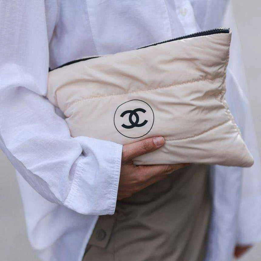 Chanel Beaute Puffy Nylon Cloud Makeup Cosmetic Pouch Clutch Beige