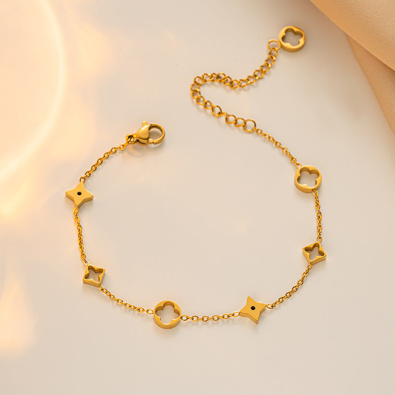 18K Gold and Silver Stainless Steel Flower Four Leaf Clover Bracelet
