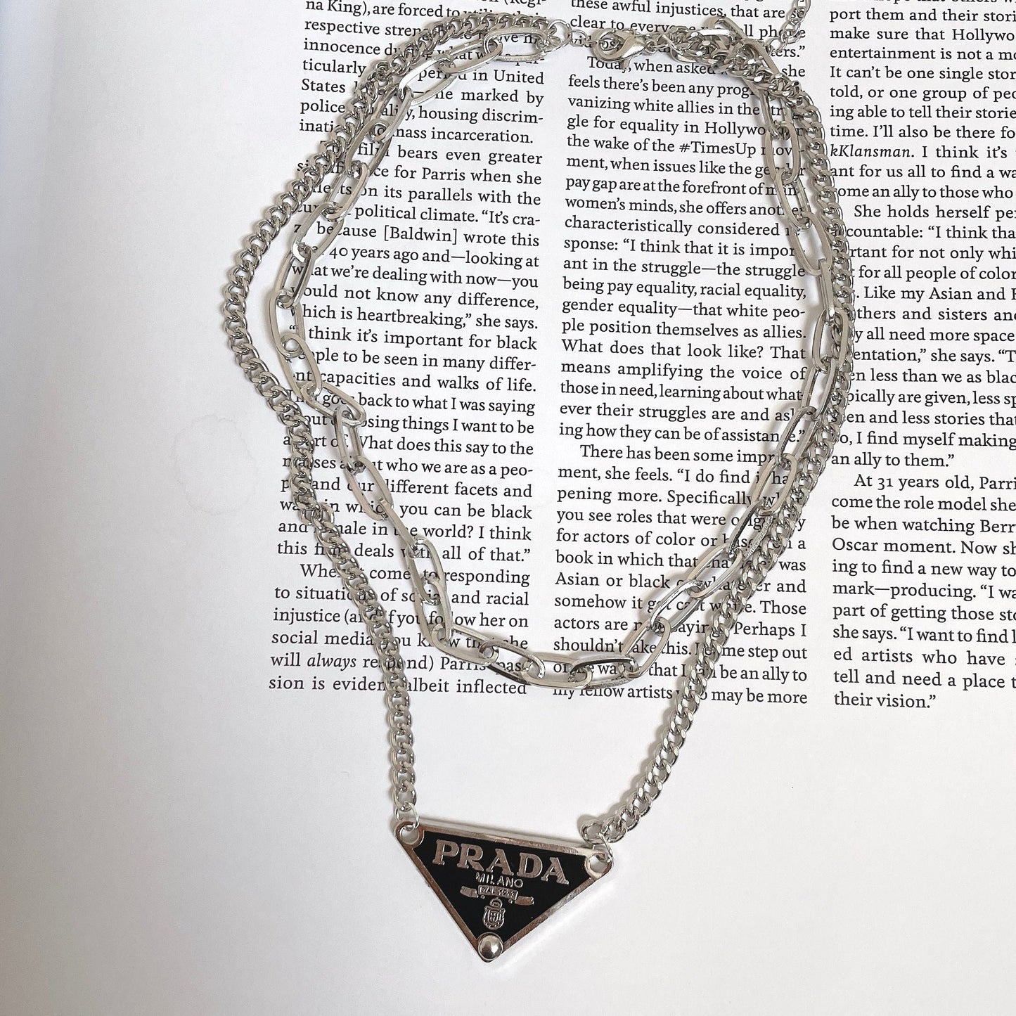 Repurposed Authentic Classic Triangle Logo Tag Layered Necklace