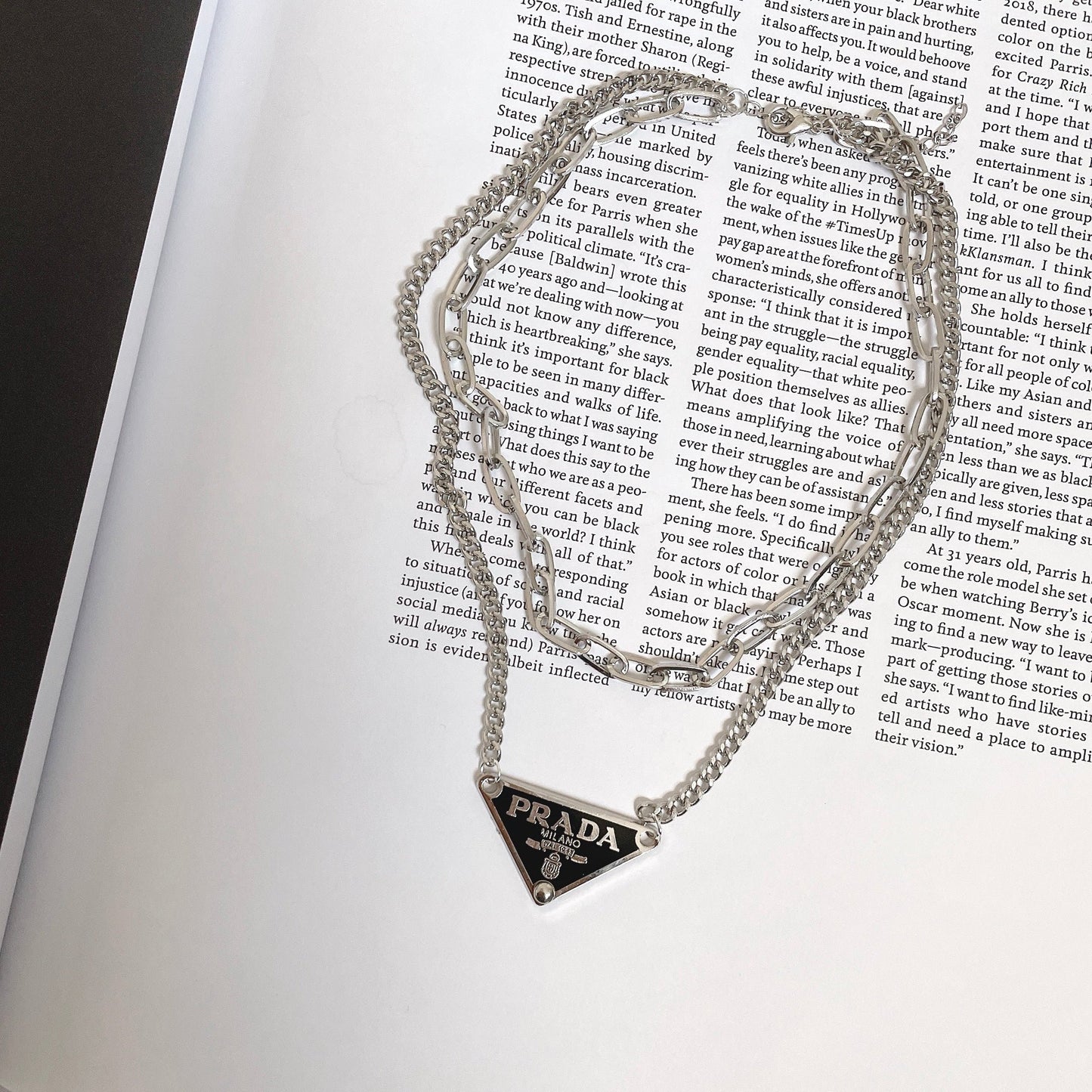Repurposed Authentic Classic Triangle Logo Tag Layered Necklace
