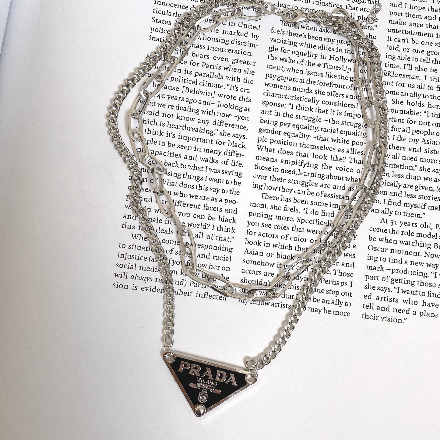 Repurposed Authentic Classic Triangle Logo Tag Layered Necklace