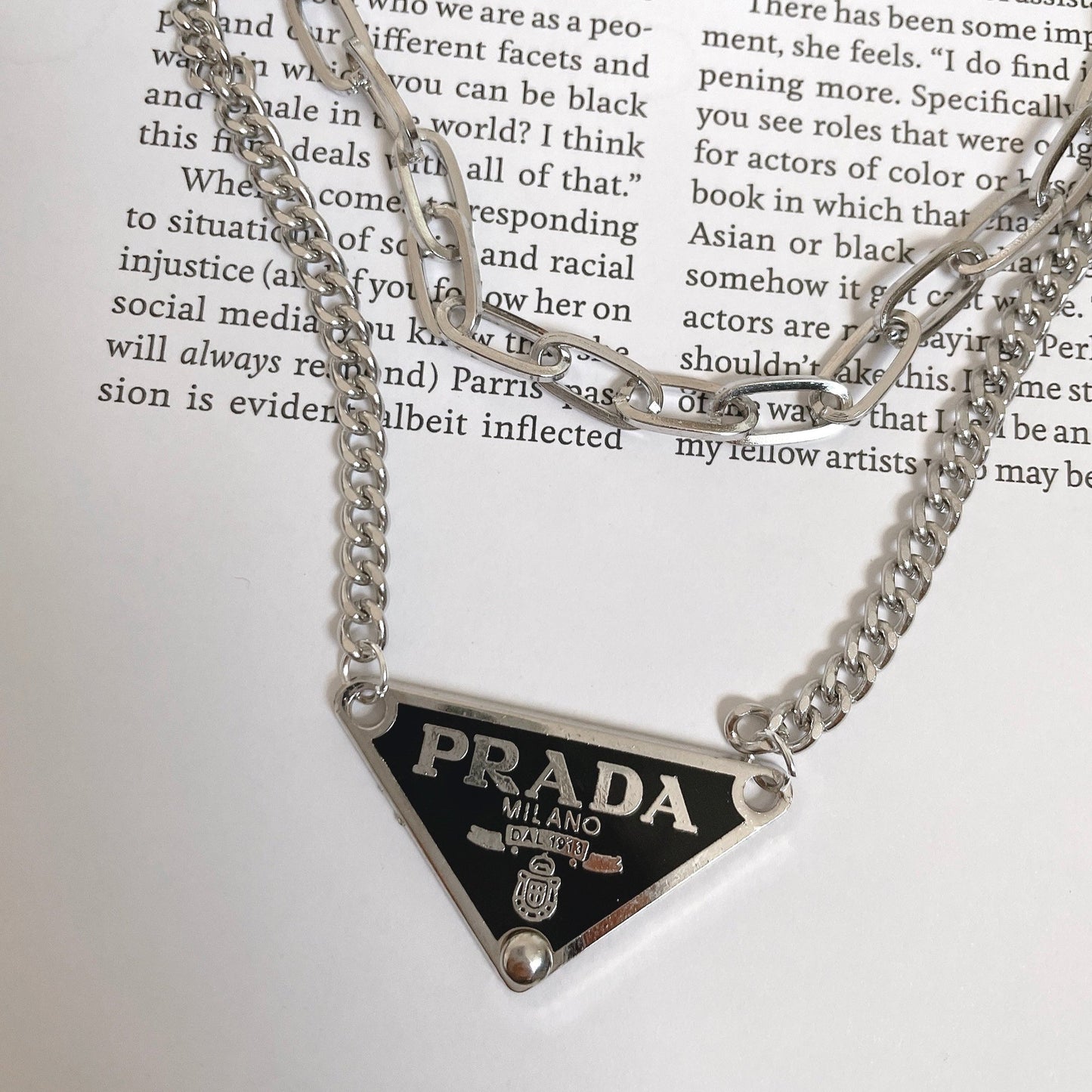 Repurposed Authentic Classic Triangle Logo Tag Layered Necklace