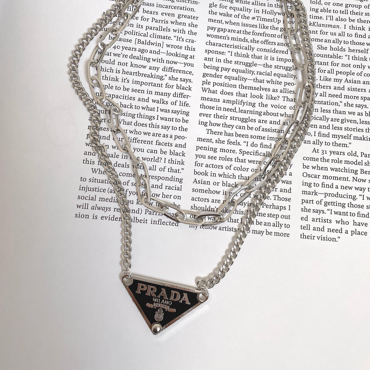Repurposed Authentic Classic Triangle Logo Tag Layered Necklace