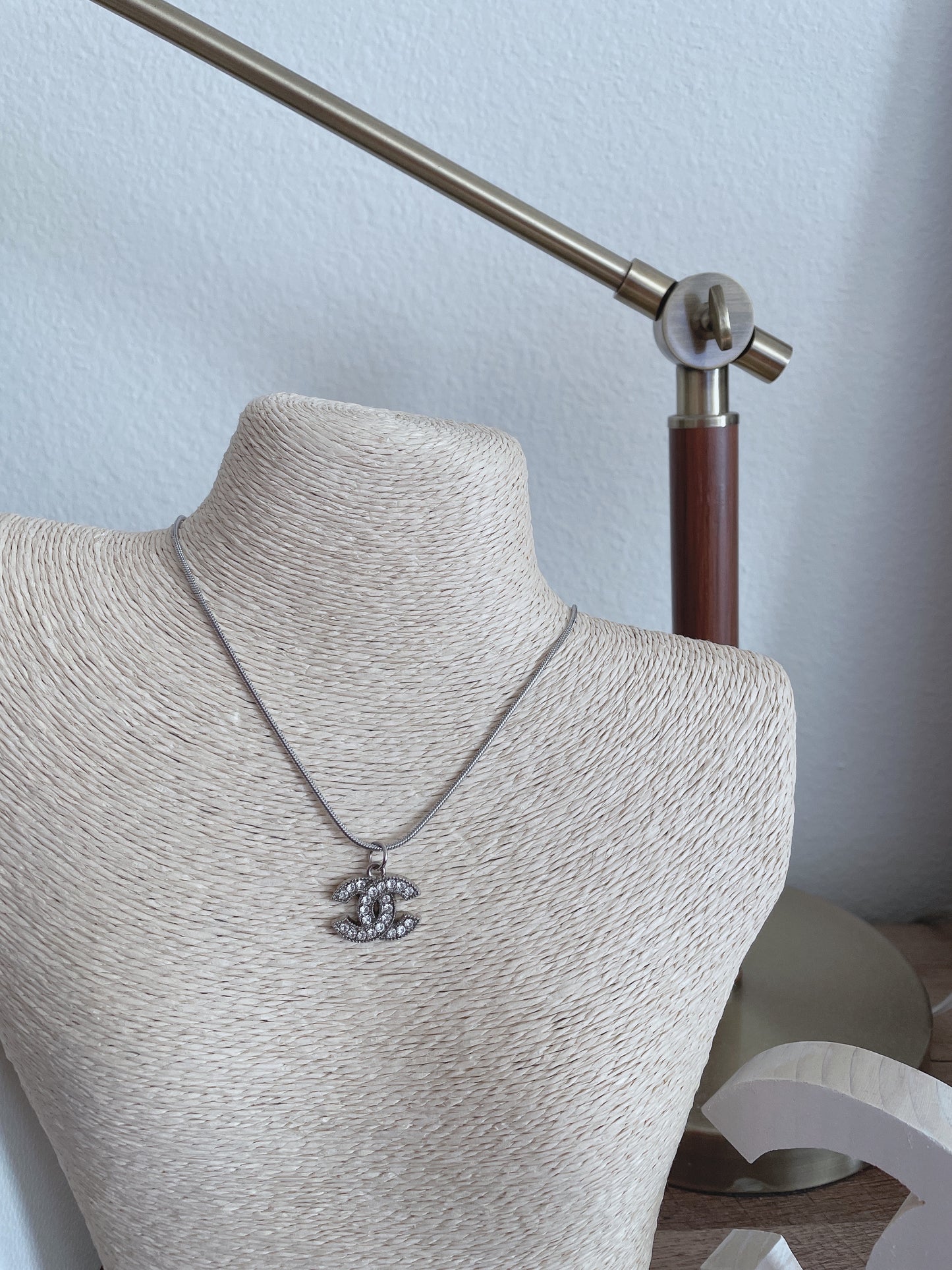 Repurposed Authentic Designer Button Rhodium Rhinestones Necklace