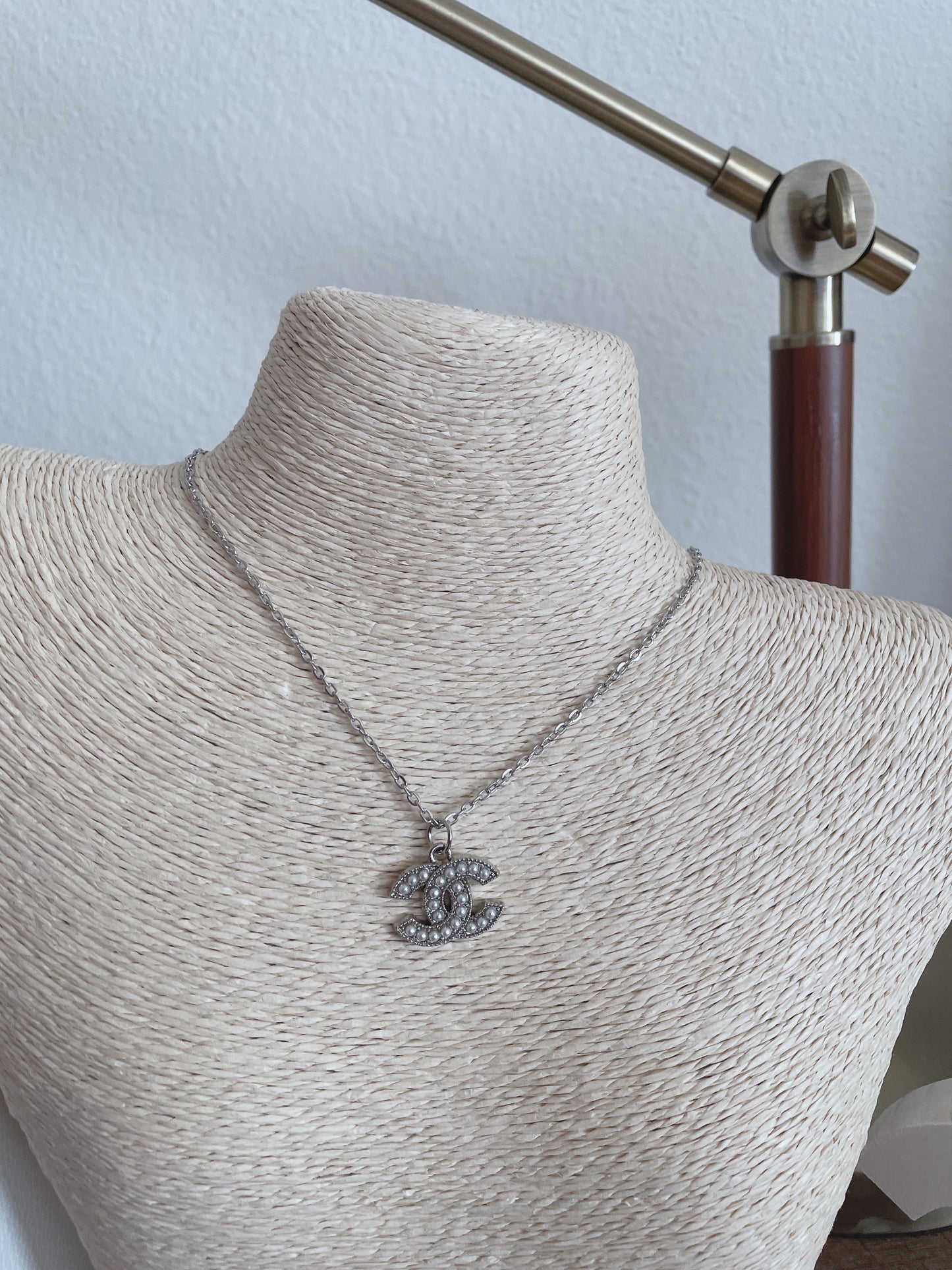 Repurposed Authentic Designer Button Rhodium Necklace