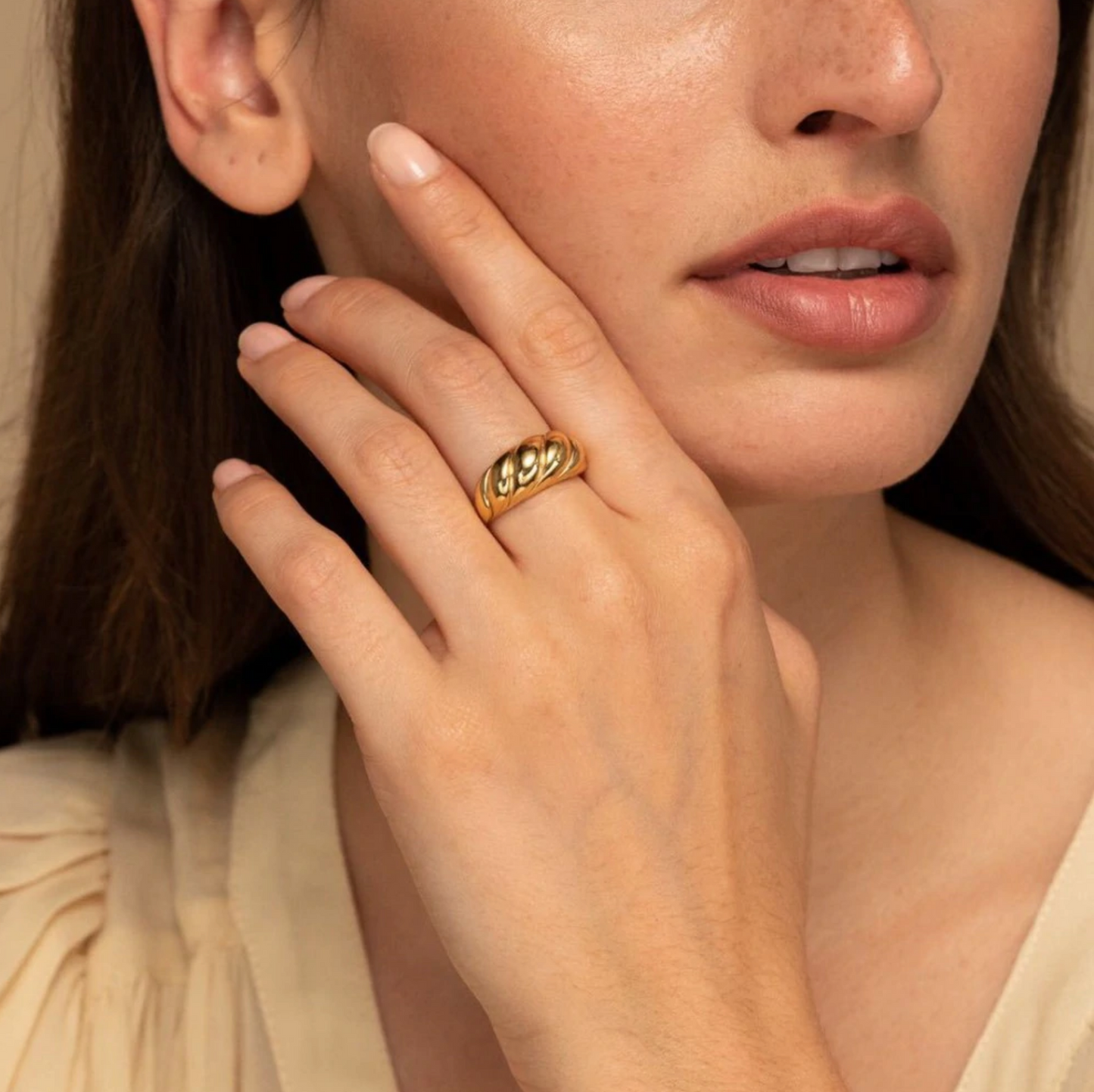 Dome Croissant Adjustable Statement Minimalist Twisted Cable Textured Gold Plated Ring