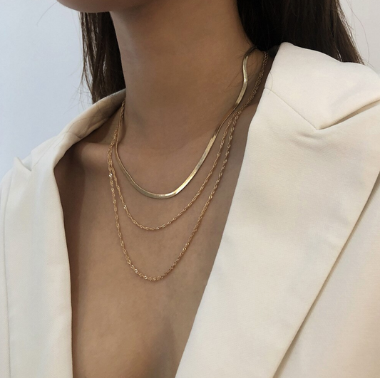 18K Gold Plated Herringbone Snake Chain Multi Layered Necklace