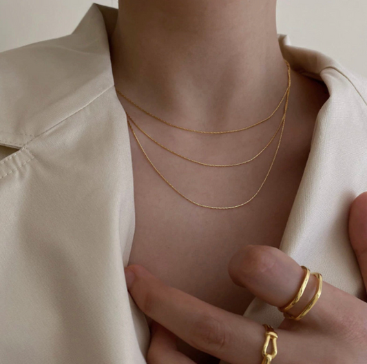14K Gold Plated Thin Herringbone Multi Layered Minimalist Necklace