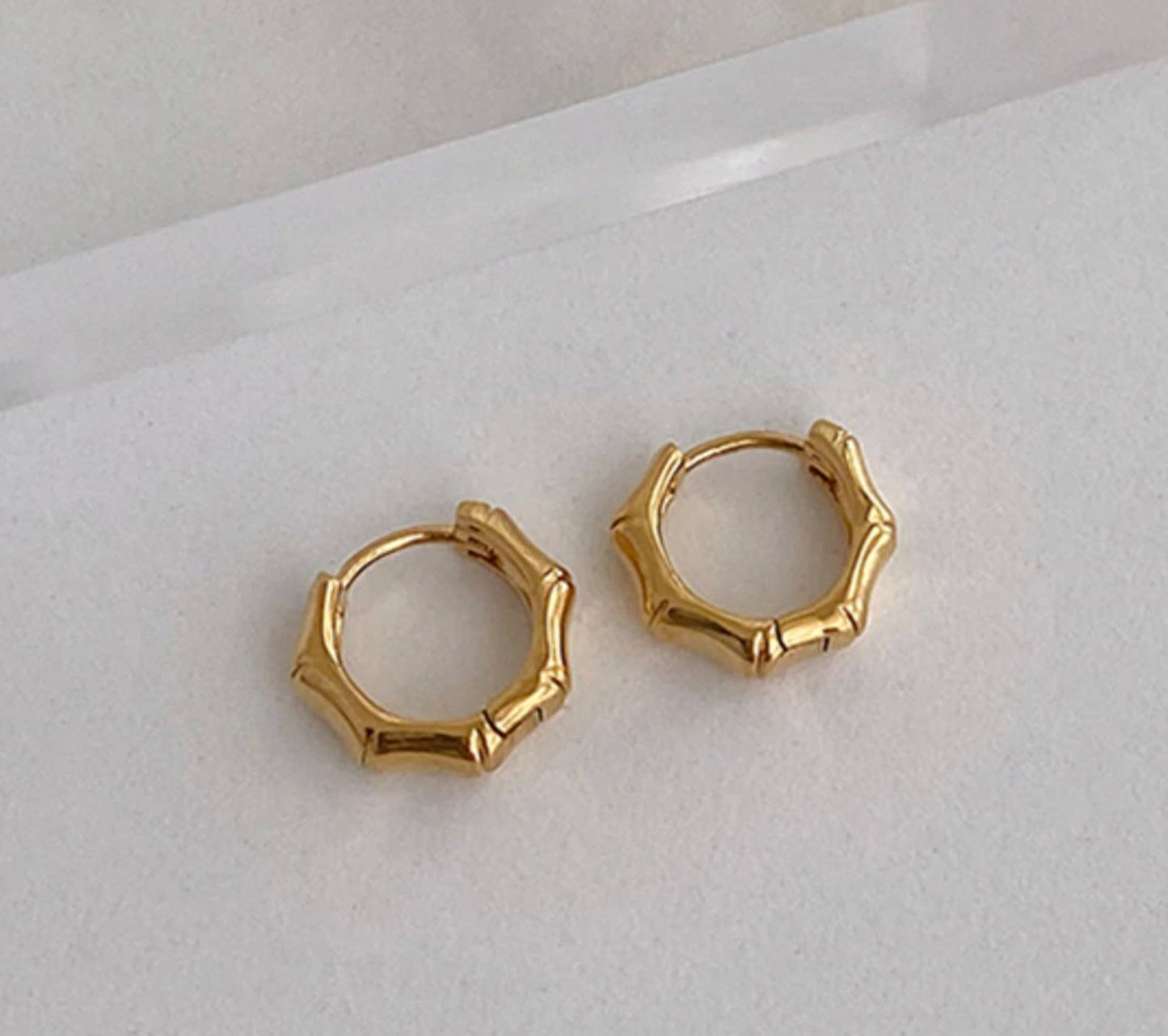 18K Gold Plated Bamboo Earrings, Minimalist Tiny Huggie Earrings