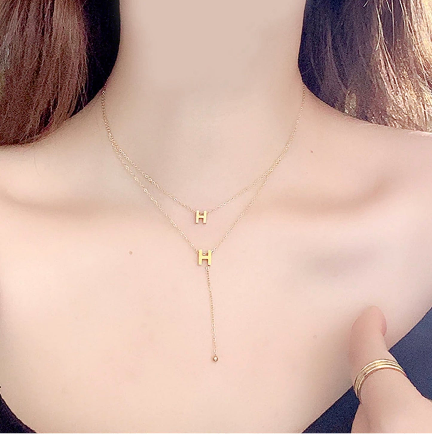 Designer Inspired Layered Initial H Necklace, Gold Plated Stainless Steel Luxury Necklace