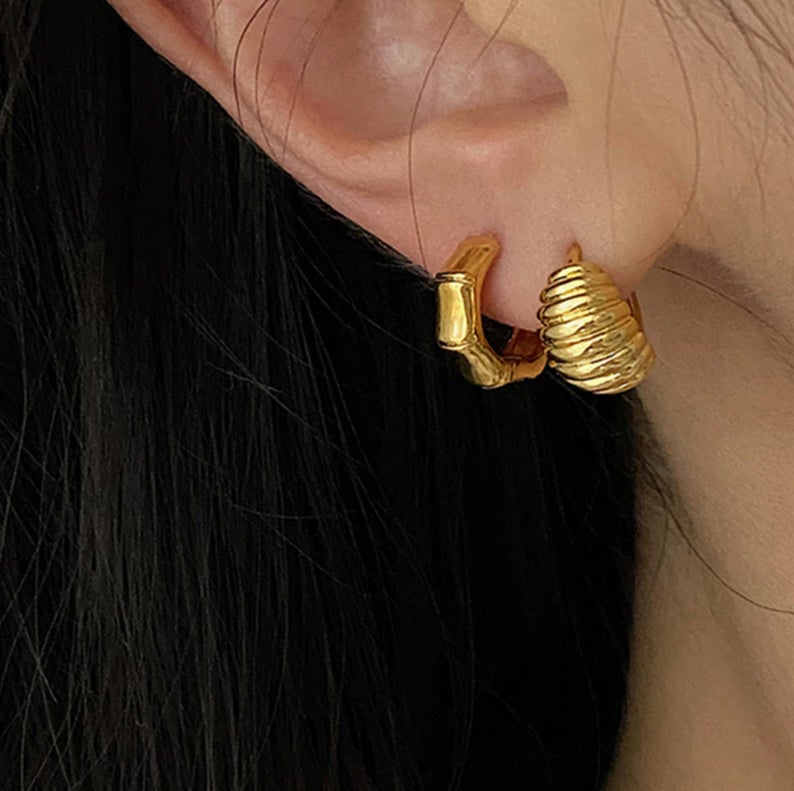 18K Gold Plated Bamboo Earrings, Minimalist Tiny Huggie Earrings