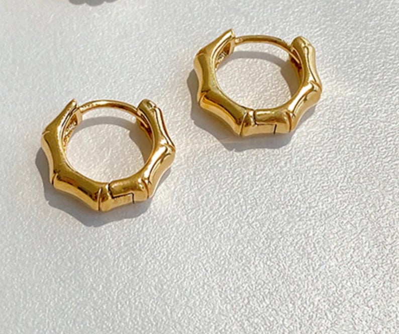 18K Gold Plated Bamboo Earrings, Minimalist Tiny Huggie Earrings