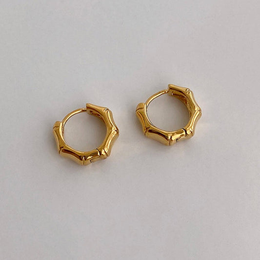18K Gold Plated Bamboo Earrings, Minimalist Tiny Huggie Earrings