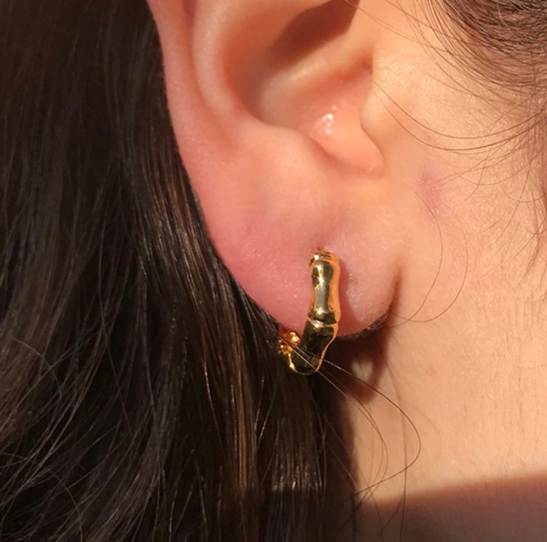 18K Gold Plated Bamboo Earrings, Minimalist Tiny Huggie Earrings