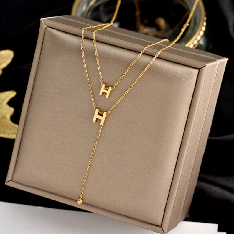 Designer Inspired Layered Initial H Necklace, Gold Plated Stainless Steel Luxury Necklace