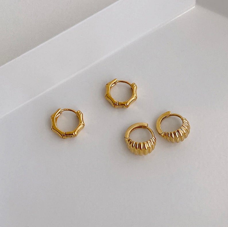 18K Gold Plated Bamboo Earrings, Minimalist Tiny Huggie Earrings