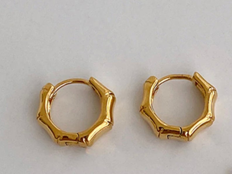 18K Gold Plated Bamboo Earrings, Minimalist Tiny Huggie Earrings