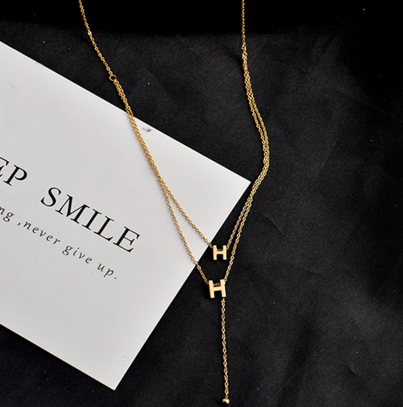Designer Inspired Layered Initial H Necklace, Gold Plated Stainless Steel Luxury Necklace