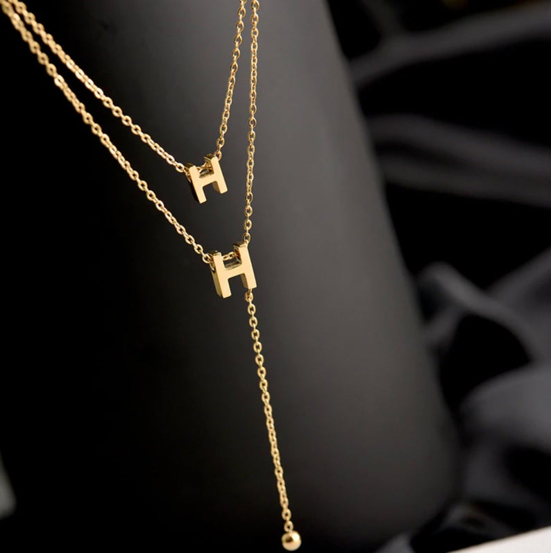 Designer Inspired Layered Initial H Necklace, Gold Plated Stainless Steel Luxury Necklace