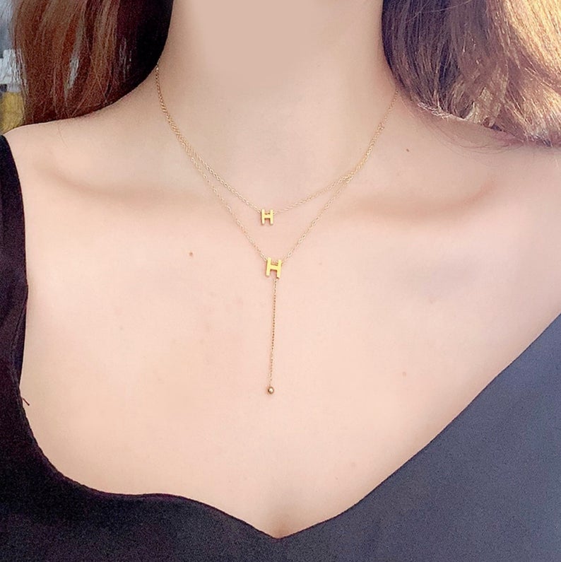 Designer Inspired Layered Initial H Necklace, Gold Plated Stainless Steel Luxury Necklace