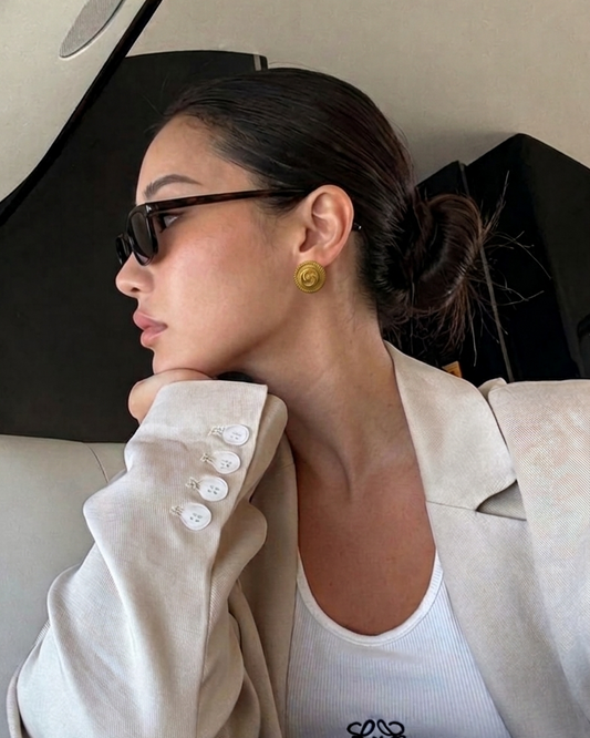 Repurposed Designer Button Gold Plated Stud Earrings – Upcycled Statement Jewelry for Women