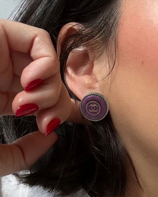 Repurposed Designer Button Gold Plated Earrings (Lavender) – Upcycled Statement Jewelry for Women