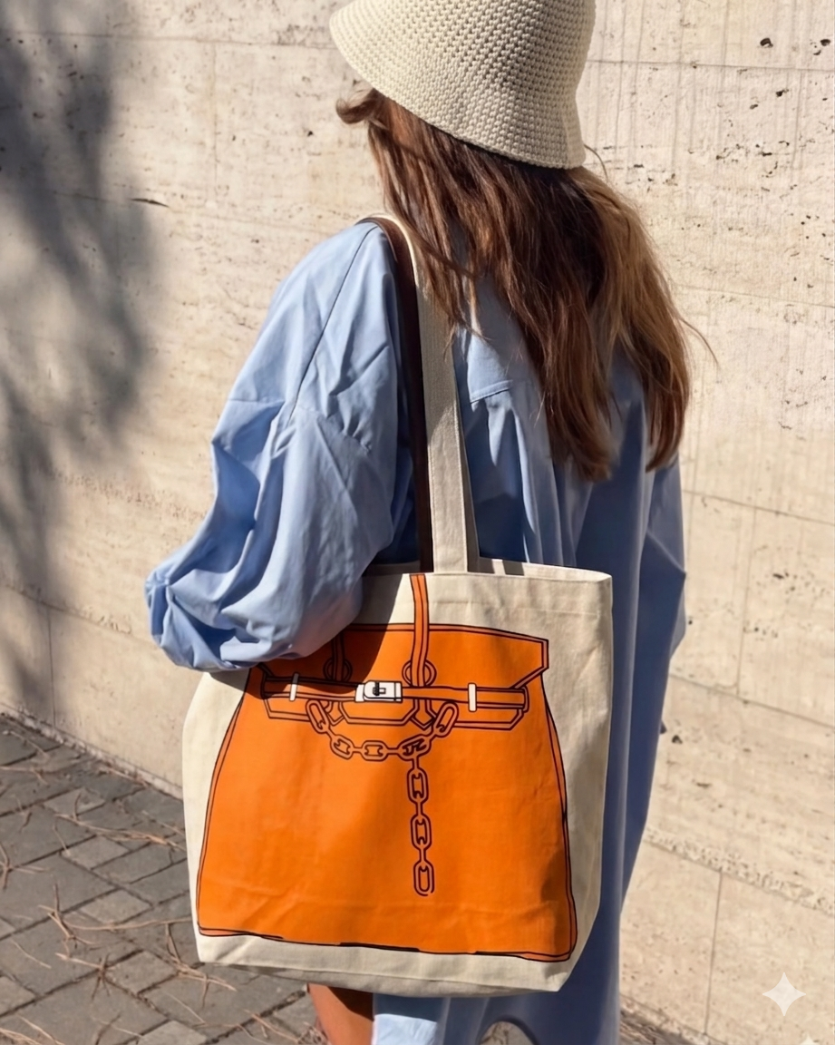 Birkin Inspired Canvas Tote Bag – Drawing Print Shopper, Large Everyday Shoulder Bag