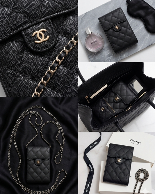 Chanel VIP Gift black quilted caviar mini crossbody bag on minimalist stone background