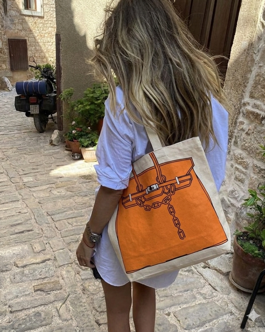 Birkin Inspired Canvas Tote Bag – Drawing Print Shopper, Large Everyday Shoulder Bag