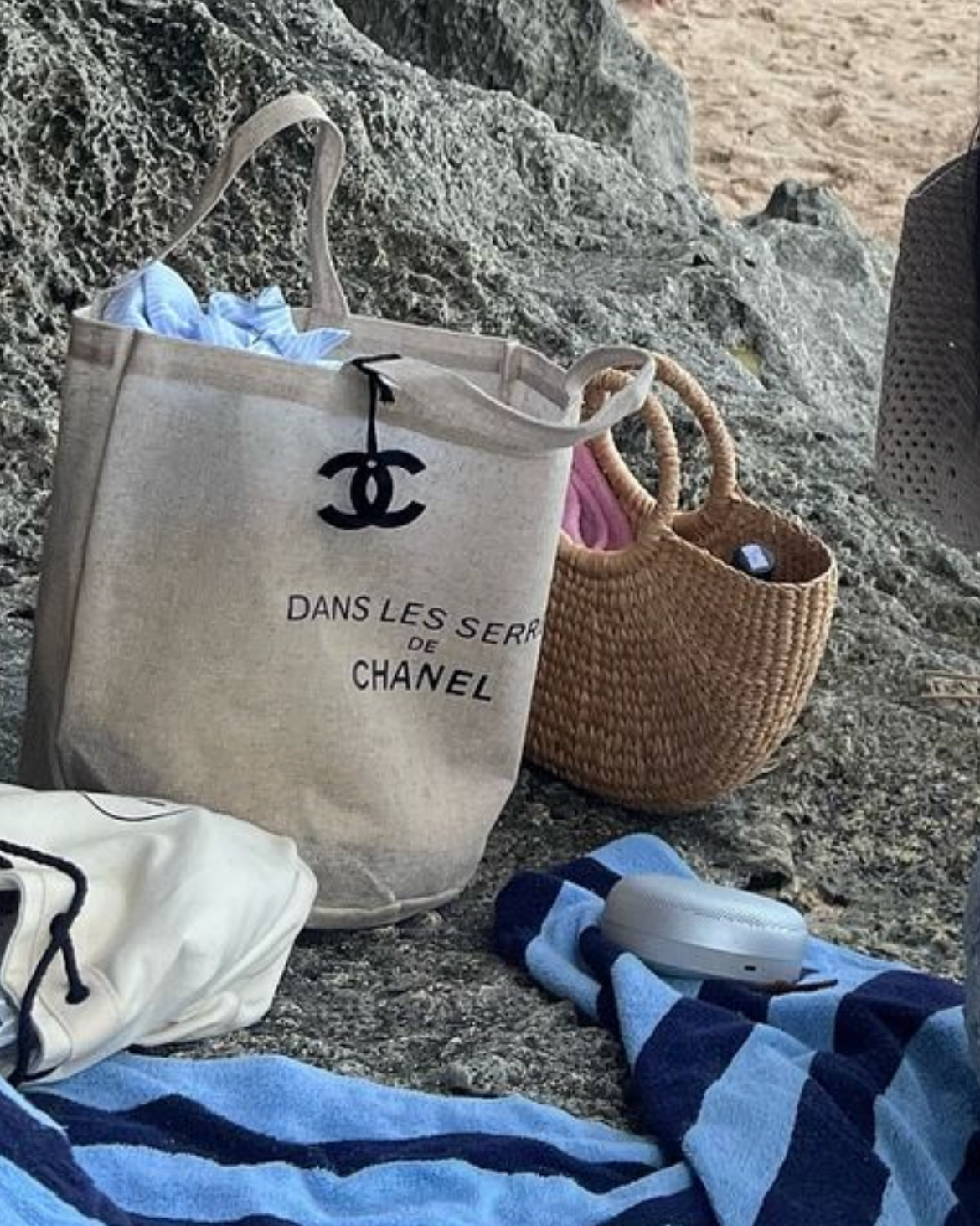 CHANEL Novelty Dans Les Serres Camellia Linen Tote Bag with Charm
