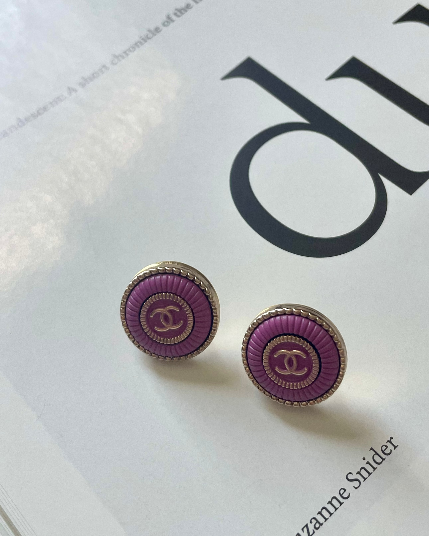 Repurposed Designer Button Gold Plated Earrings (Lavender) – Upcycled Statement Jewelry for Women