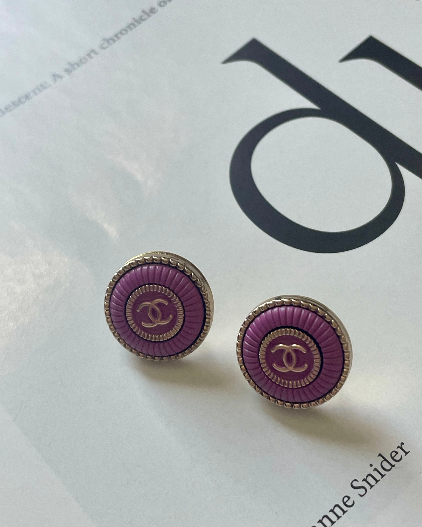 Repurposed Designer Button Gold Plated Earrings (Lavender) – Upcycled Statement Jewelry for Women