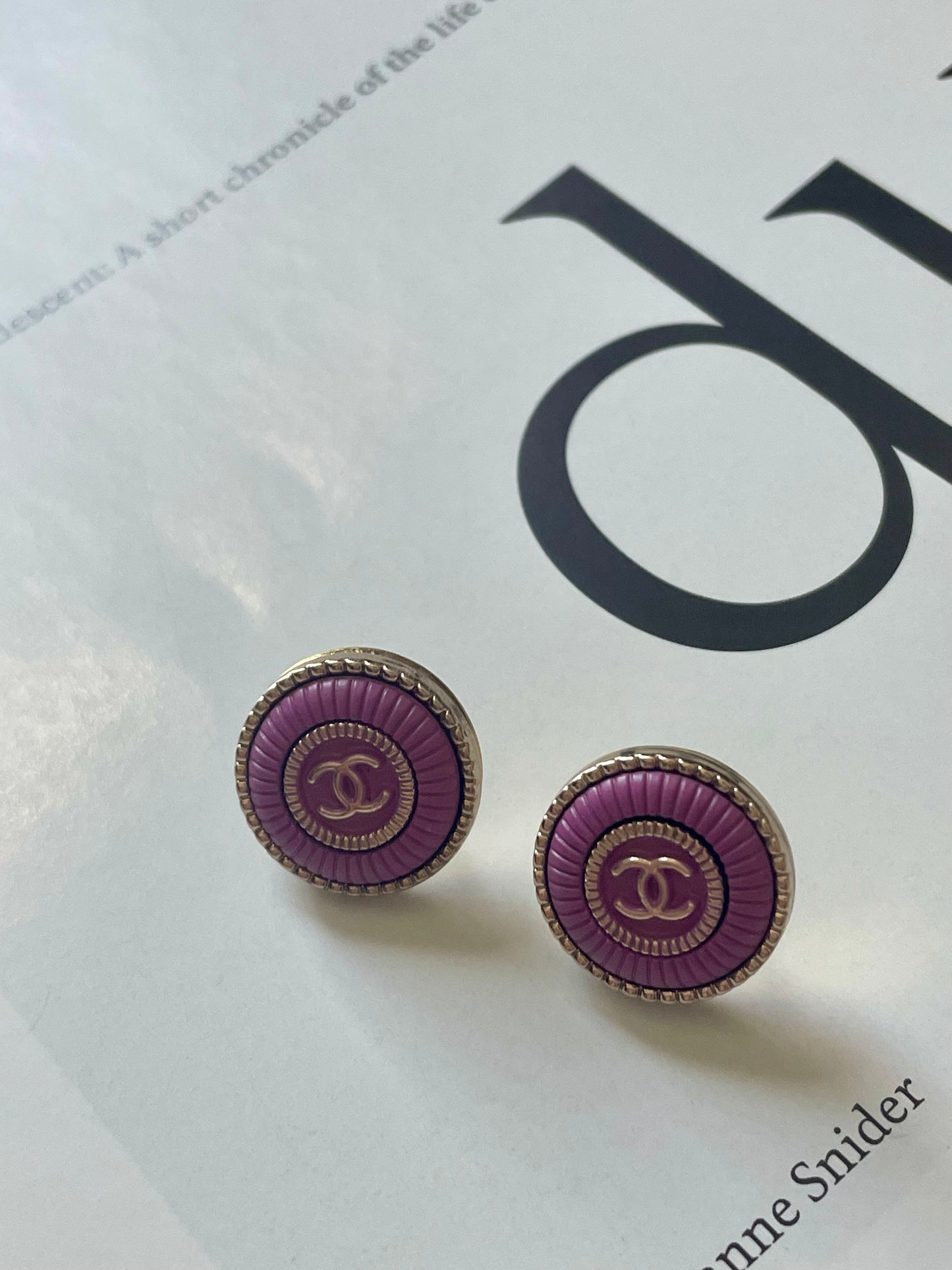 Repurposed Designer Button Gold Plated Earrings (Lavender) – Upcycled Statement Jewelry for Women