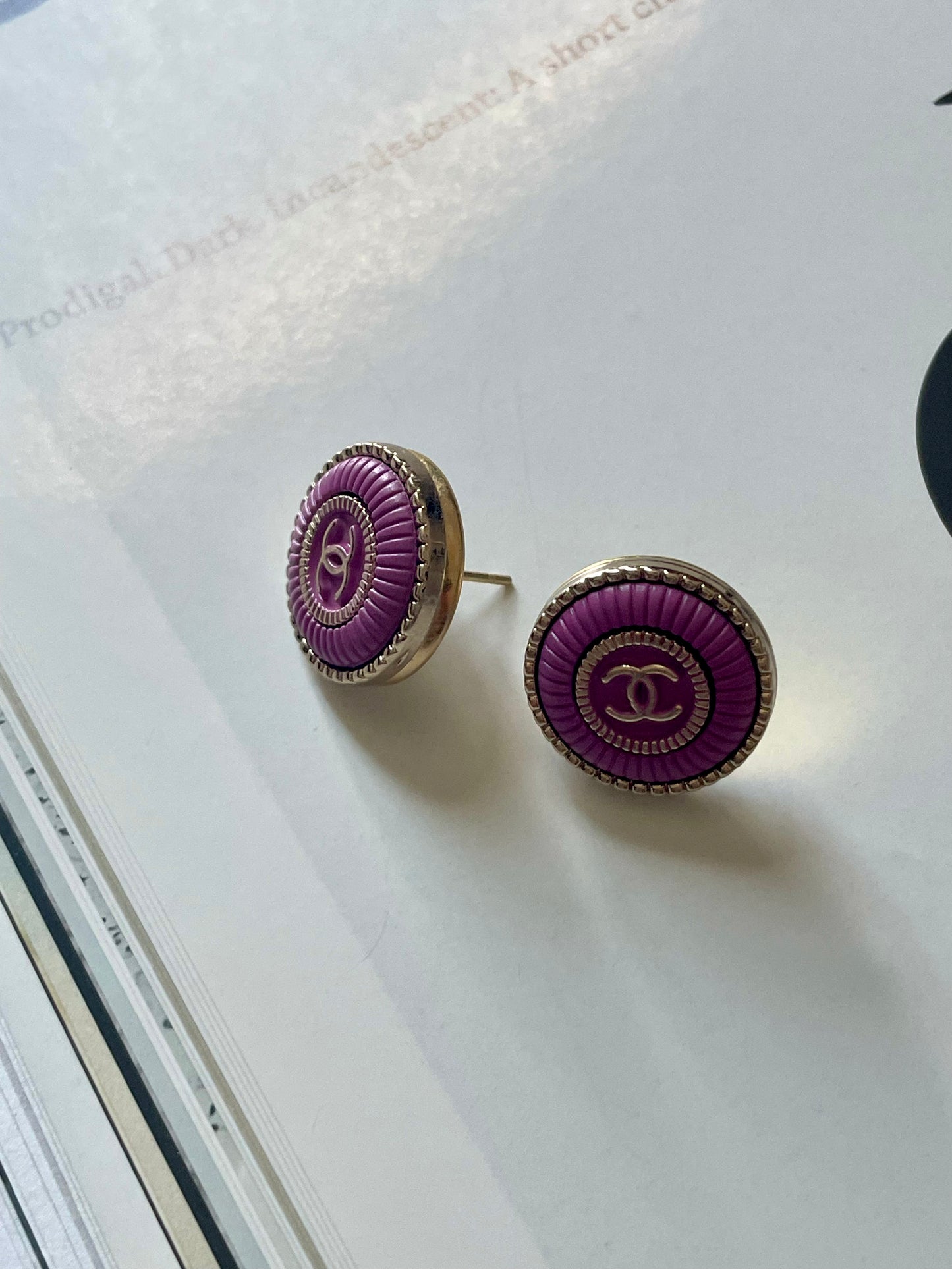 Repurposed Designer Button Gold Plated Earrings (Lavender) – Upcycled Statement Jewelry for Women