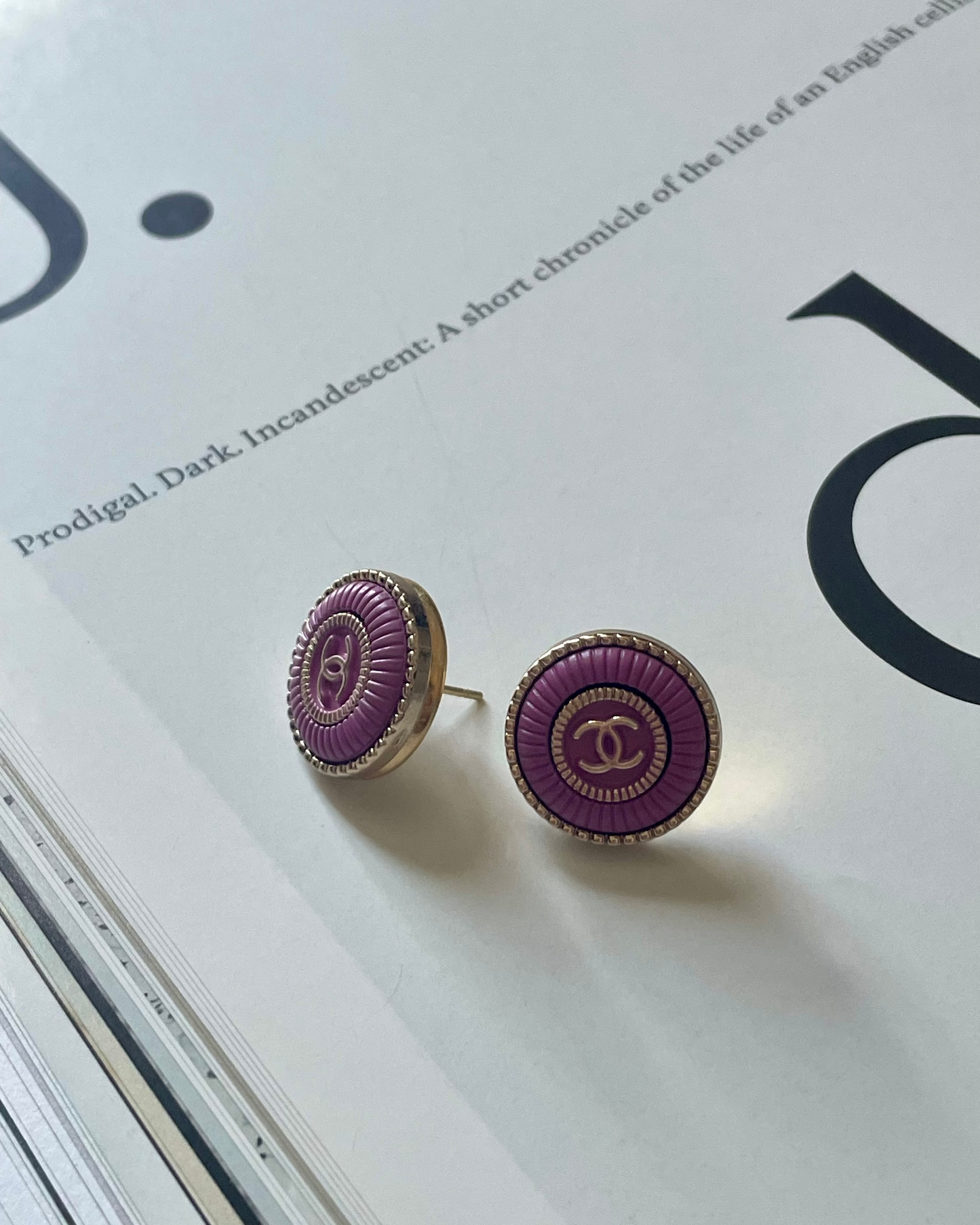 Repurposed Designer Button Gold Plated Earrings (Lavender) – Upcycled Statement Jewelry for Women