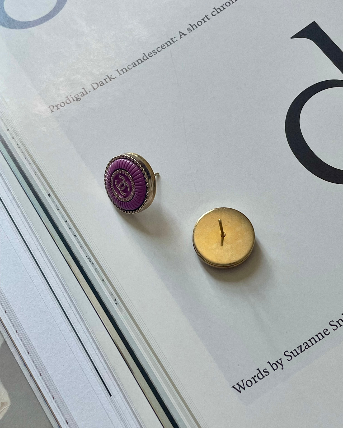 Repurposed Designer Button Gold Plated Earrings (Lavender) – Upcycled Statement Jewelry for Women