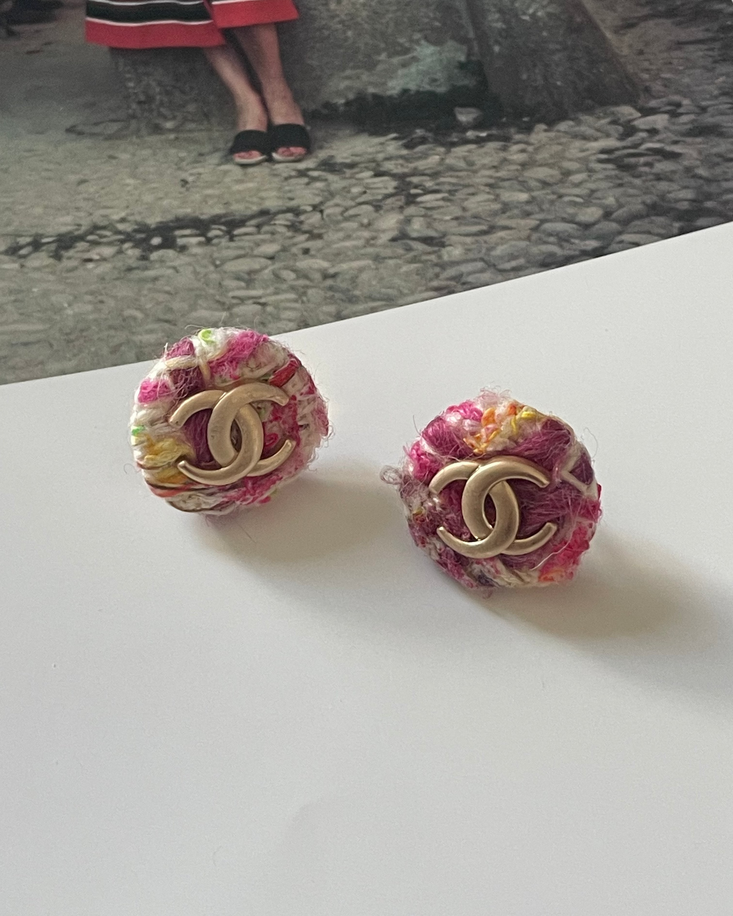 Repurposed Designer Tweed Button Gold Plated Earrings – Upcycled Statement Jewelry for Women
