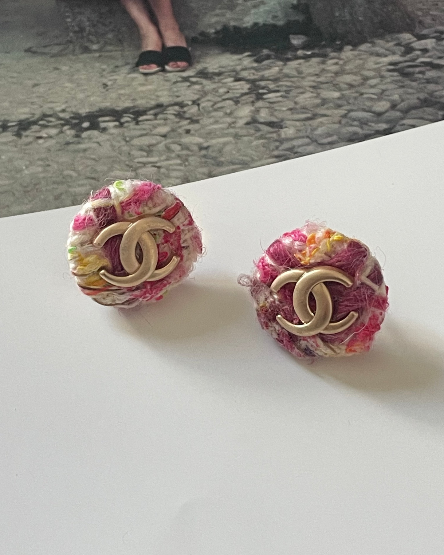 Repurposed Designer Tweed Button Gold Plated Earrings – Upcycled Statement Jewelry for Women