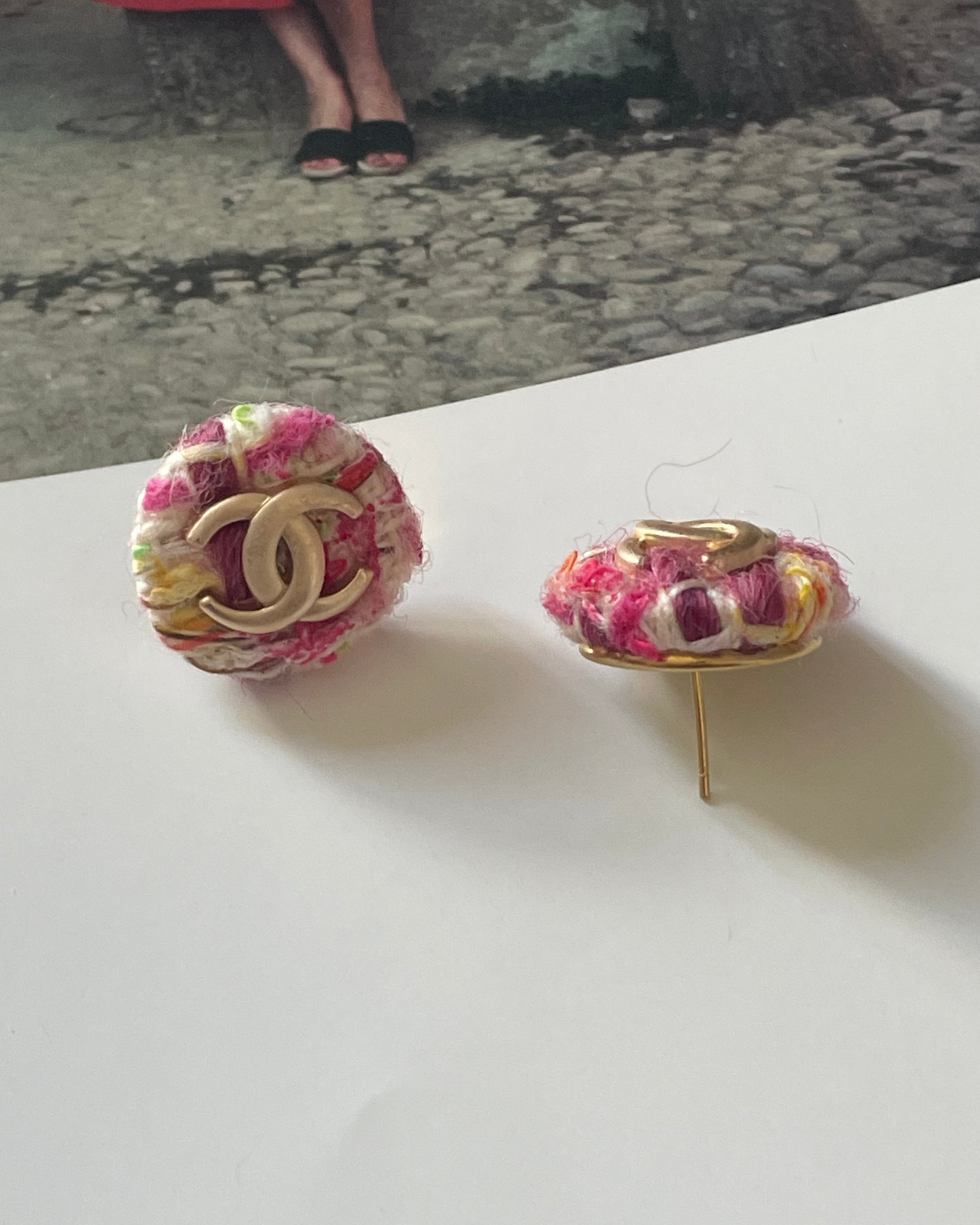 Repurposed Designer Tweed Button Gold Plated Earrings – Upcycled Statement Jewelry for Women