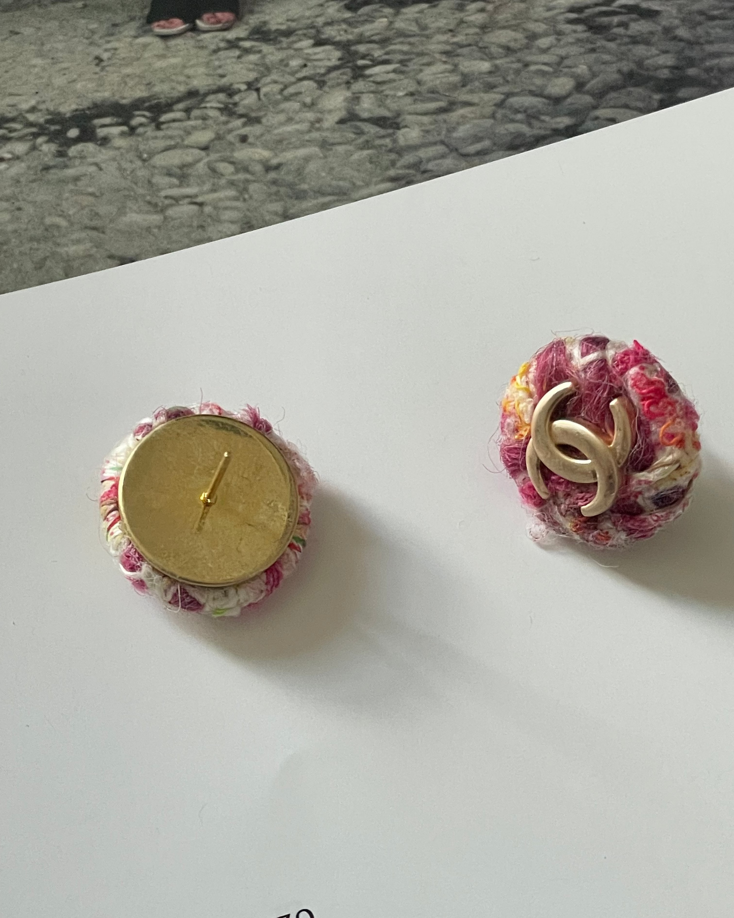 Repurposed Designer Tweed Button Gold Plated Earrings – Upcycled Statement Jewelry for Women