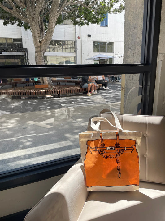 Birkin Inspired Canvas Tote Bag – Drawing Print Shopper, Large Everyday Shoulder Bag