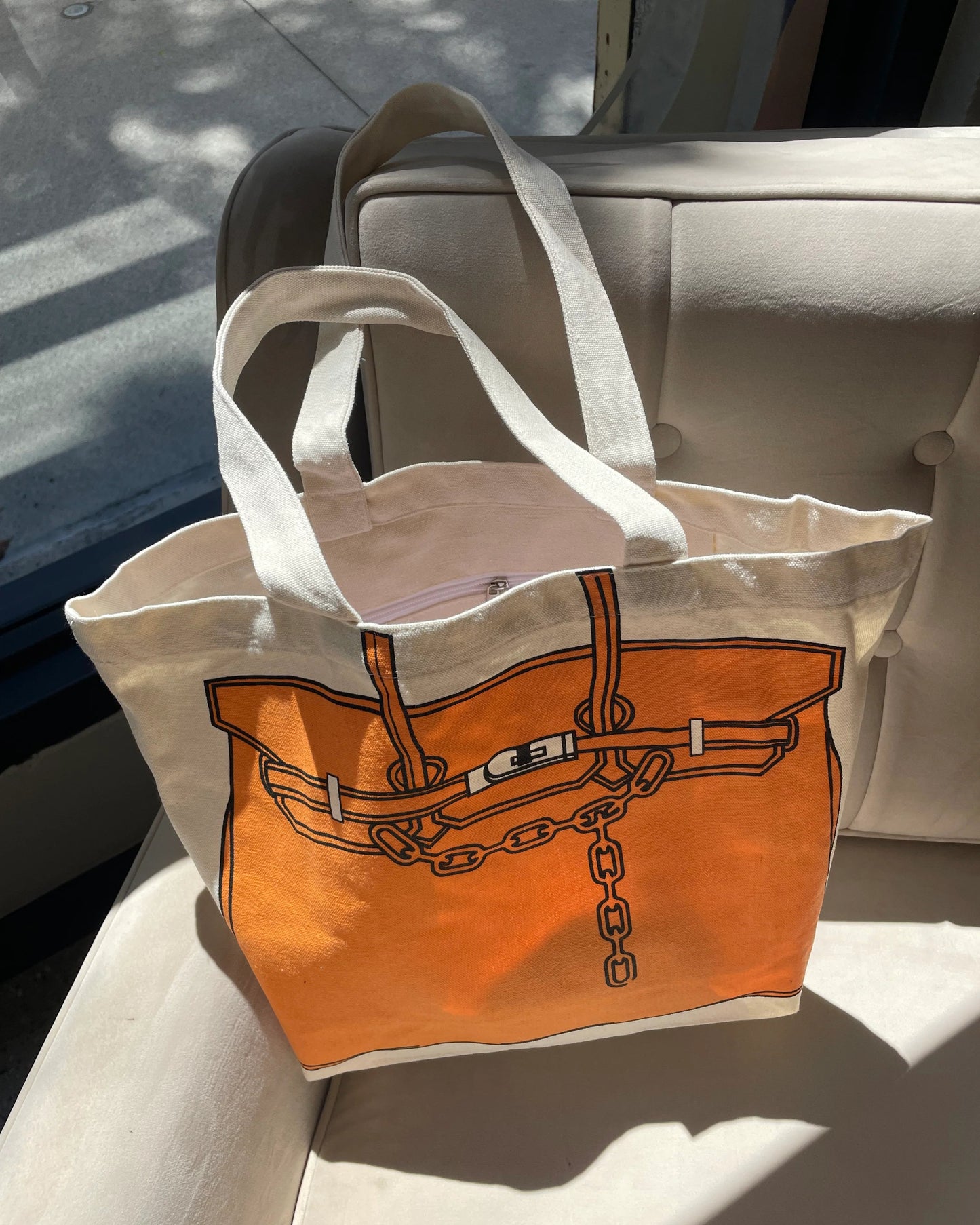 Birkin Inspired Canvas Tote Bag – Drawing Print Shopper, Large Everyday Shoulder Bag