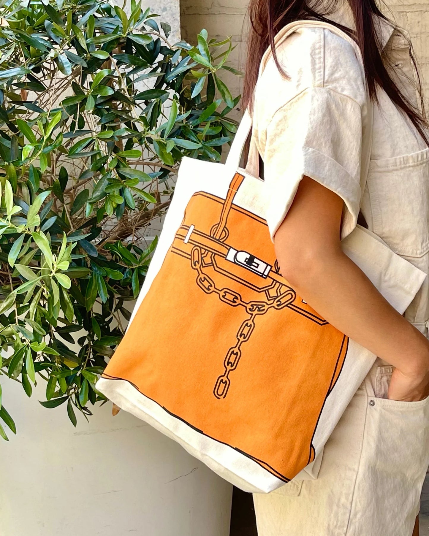 Birkin Inspired Canvas Tote Bag – Drawing Print Shopper, Large Everyday Shoulder Bag