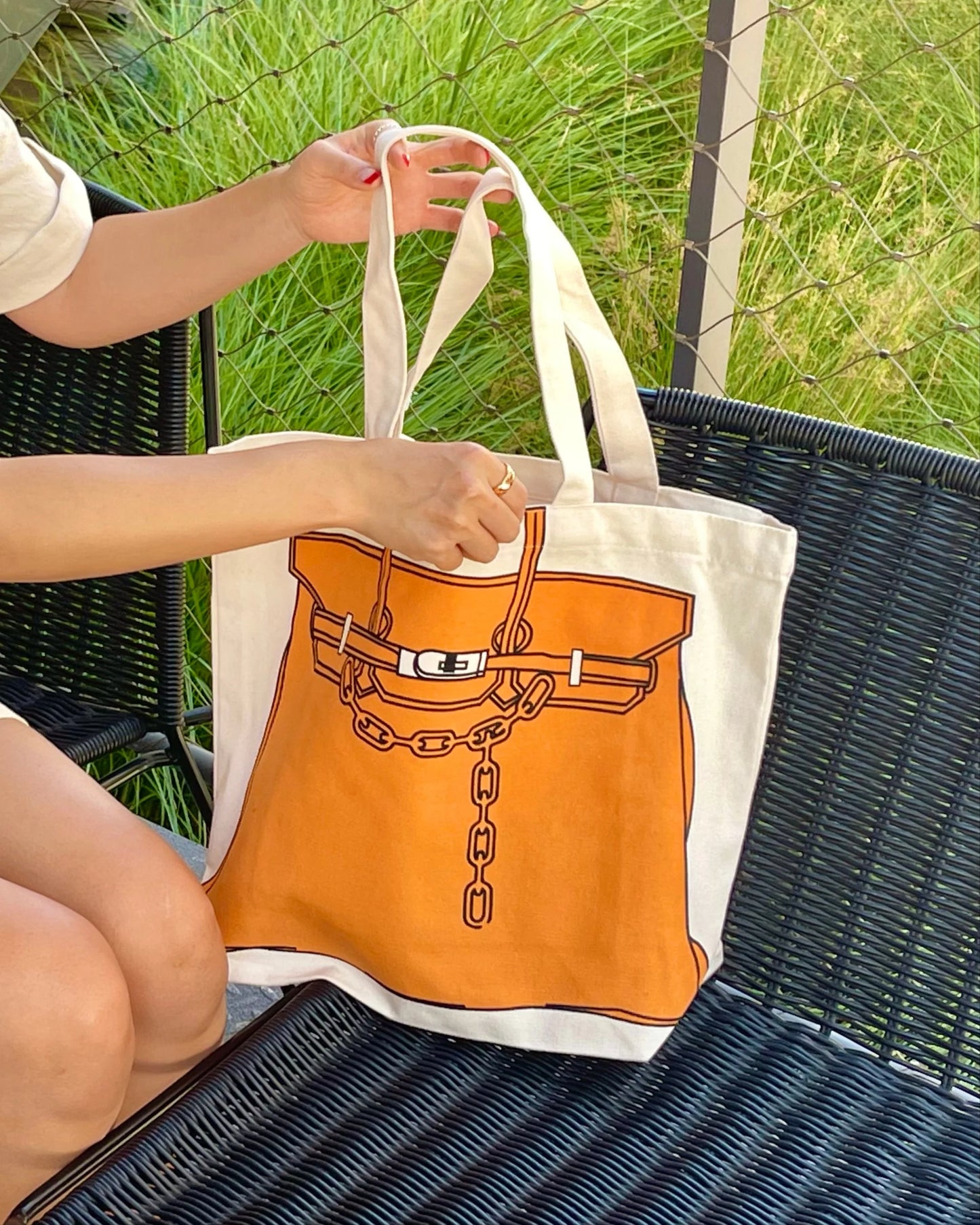 Birkin Inspired Canvas Tote Bag – Drawing Print Shopper, Large Everyday Shoulder Bag