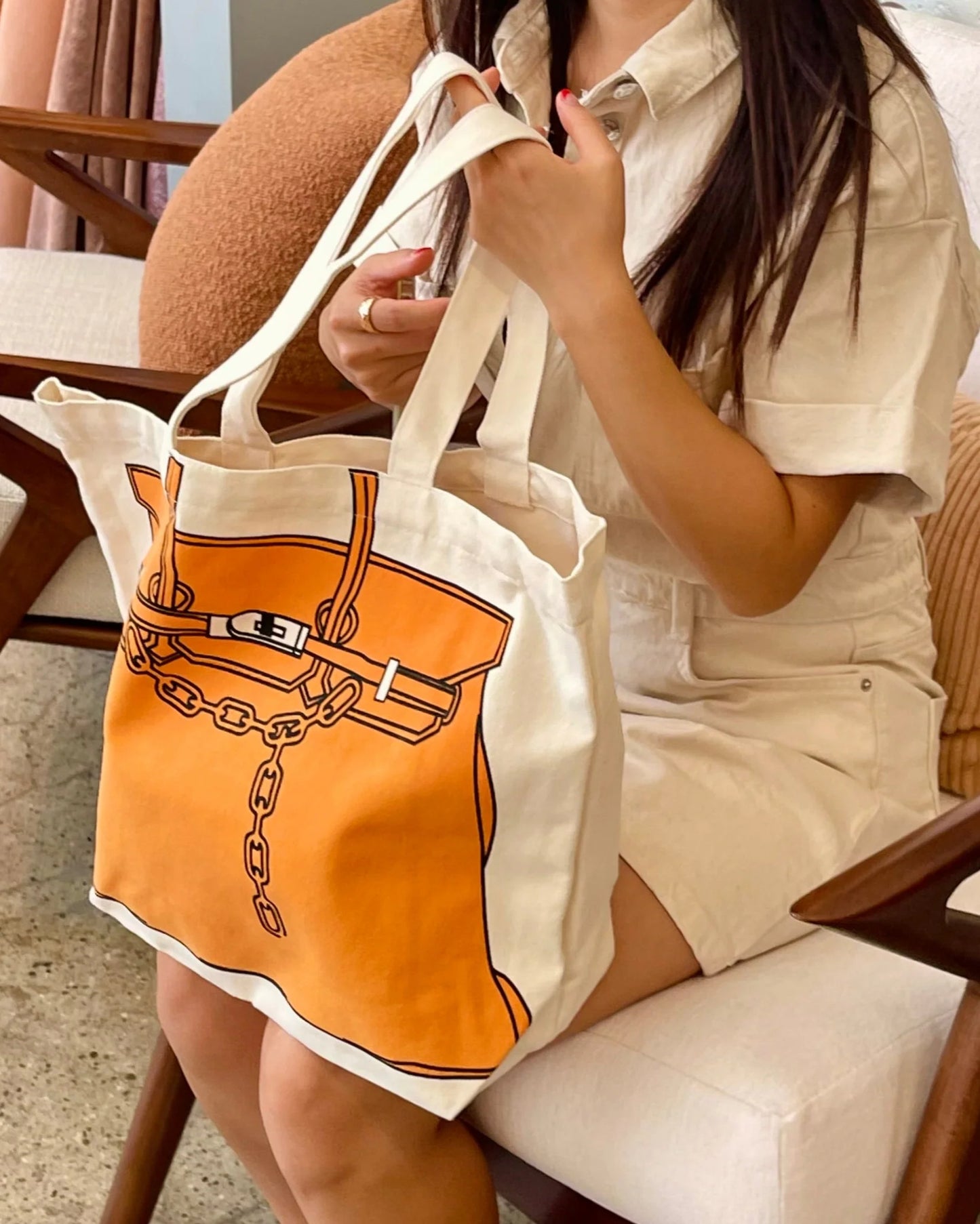 Birkin Inspired Canvas Tote Bag – Drawing Print Shopper, Large Everyday Shoulder Bag