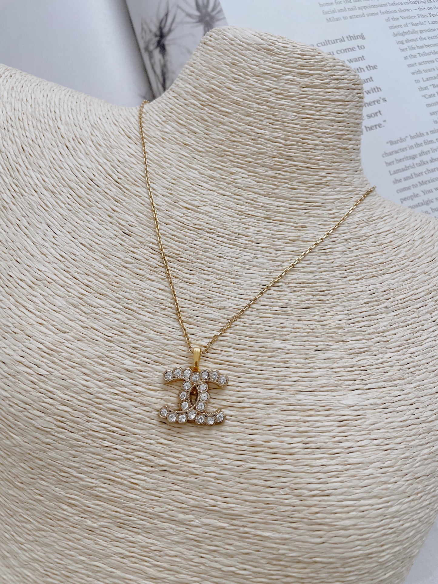 Repurposed Authentic Designer Rhinestone Button Gold Plated Necklace