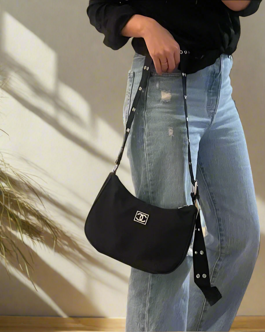 Reworked Nylon Shoulder Purse, Embroidered Crossbody Purse, CC Purse